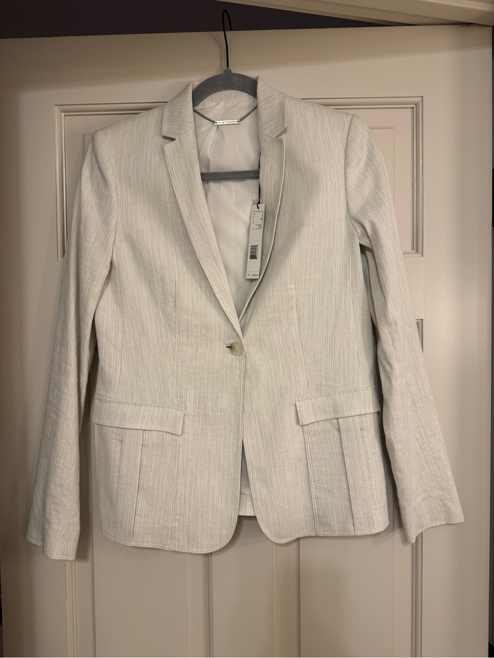 Elie Tahari Light Gray & White Pinstripe Single-Button Blazer